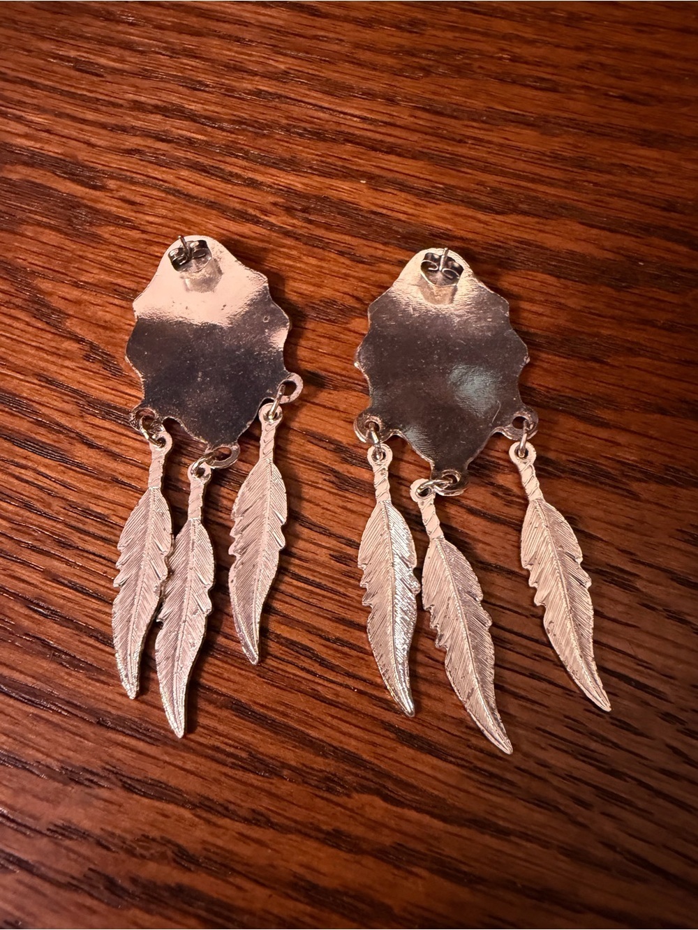 Vintage Native-Inspired Feather Drop Earrings in Silver & Gold - Picture 2 of 3